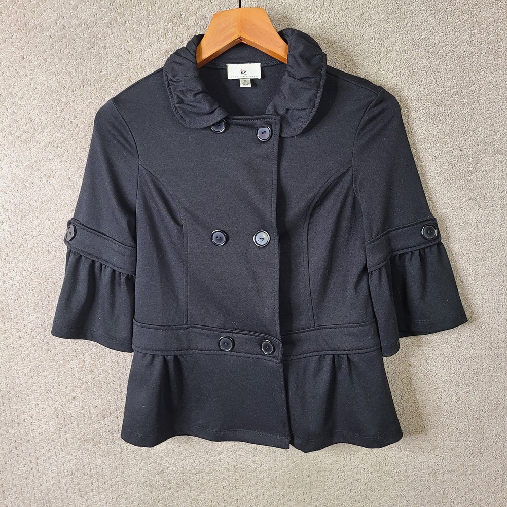 Iz Byer Jacket Womens XL Black Double Breasted Ruffle Peplum Blazer Poly Rayon